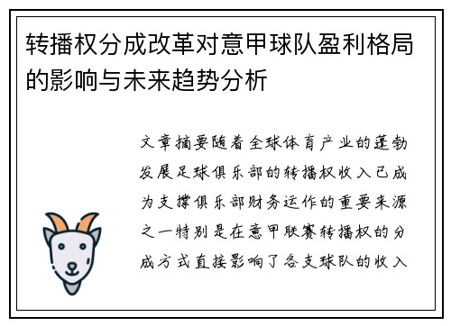 转播权分成改革对意甲球队盈利格局的影响与未来趋势分析