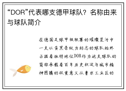 “DOR”代表哪支德甲球队？名称由来与球队简介