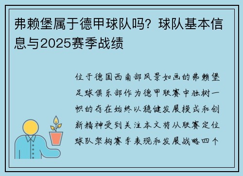 弗赖堡属于德甲球队吗？球队基本信息与2025赛季战绩